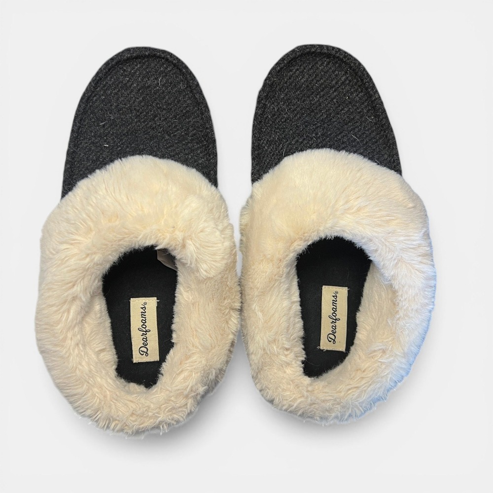 Dearfoams Faux Fur Slippers Womens Medium 7-8 Black Cozy Plush Lined House Shoes